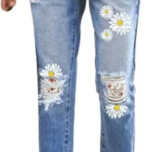 Daisy Themed Distressed Jeans w/Flower Patch~ Sz M (8-10) New.